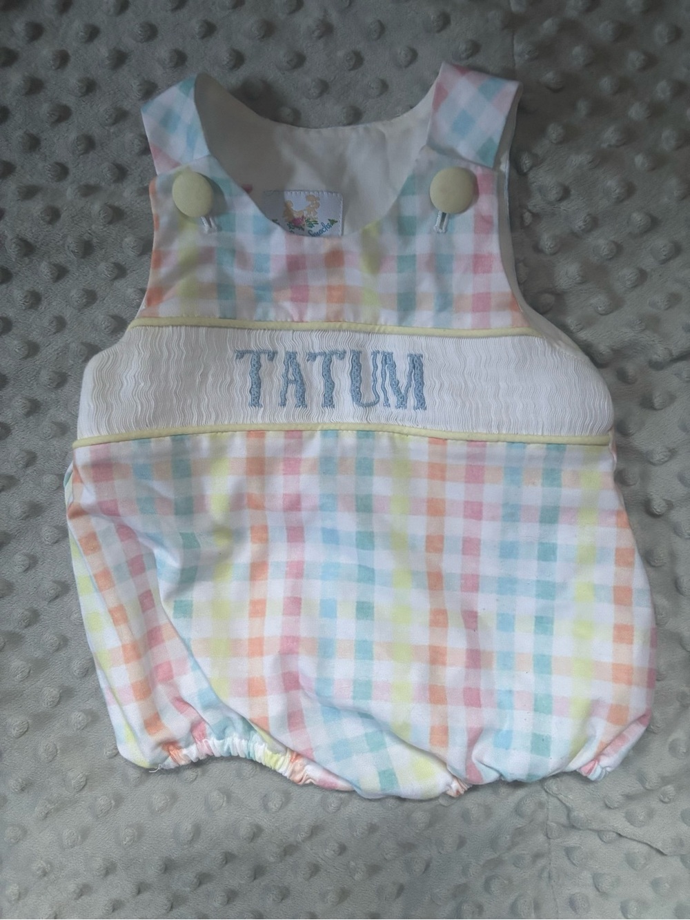 Embroidered Pastel Plaid Baby One-Piece Romper - Blue Name